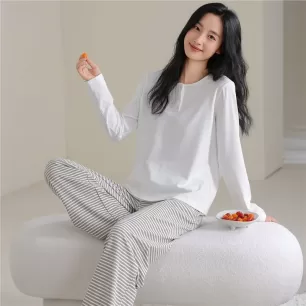 Henry Neck 100% Cotton Pajamas Set with Built-in Bra for Women  Long Sleeve Pullover Sweet & Simple Homewear Outdoor Loungewear